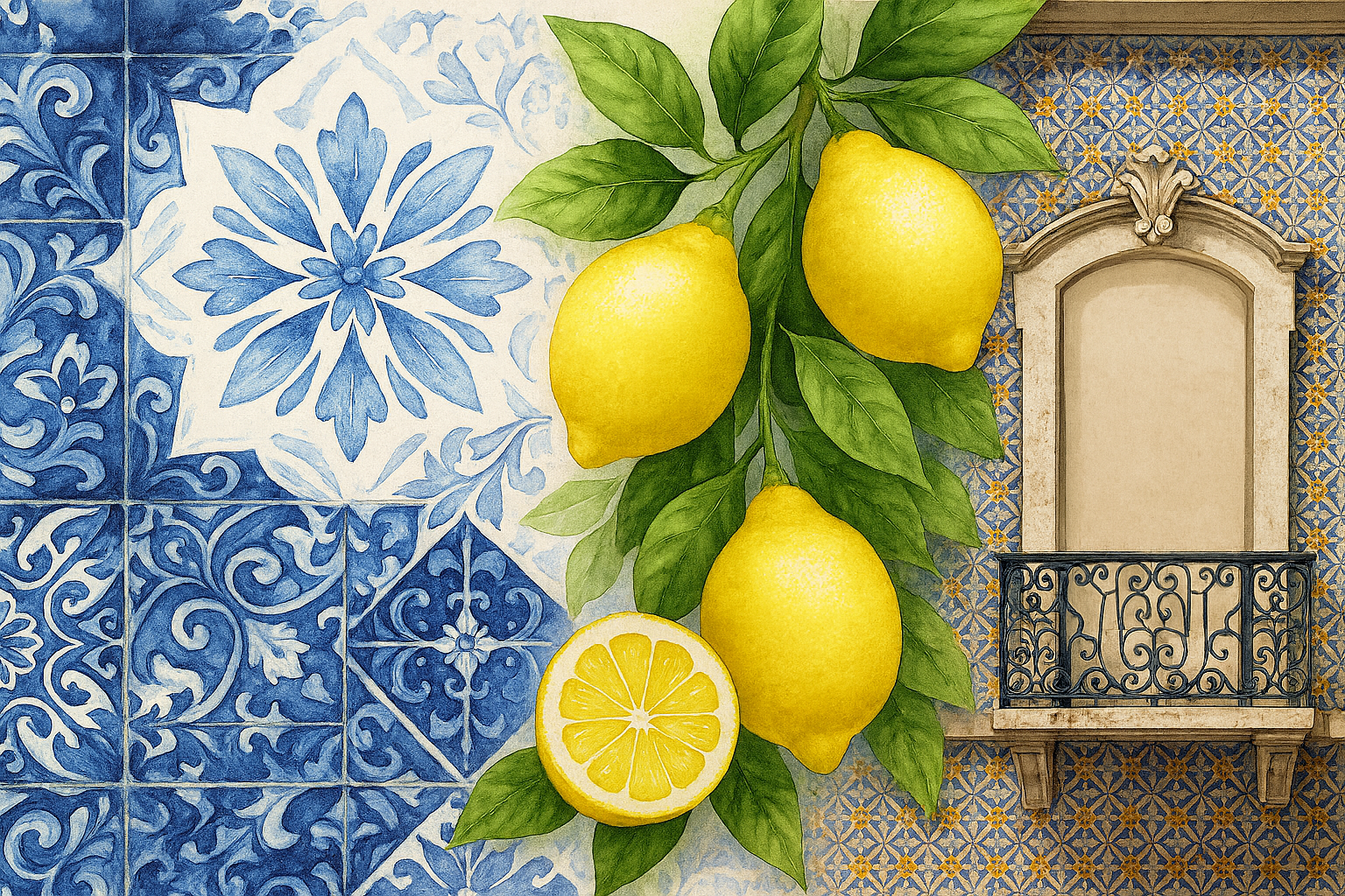 Design inspiration for Amalia bedding – azulejo tiles, lemon groves and Portuguese architecture.